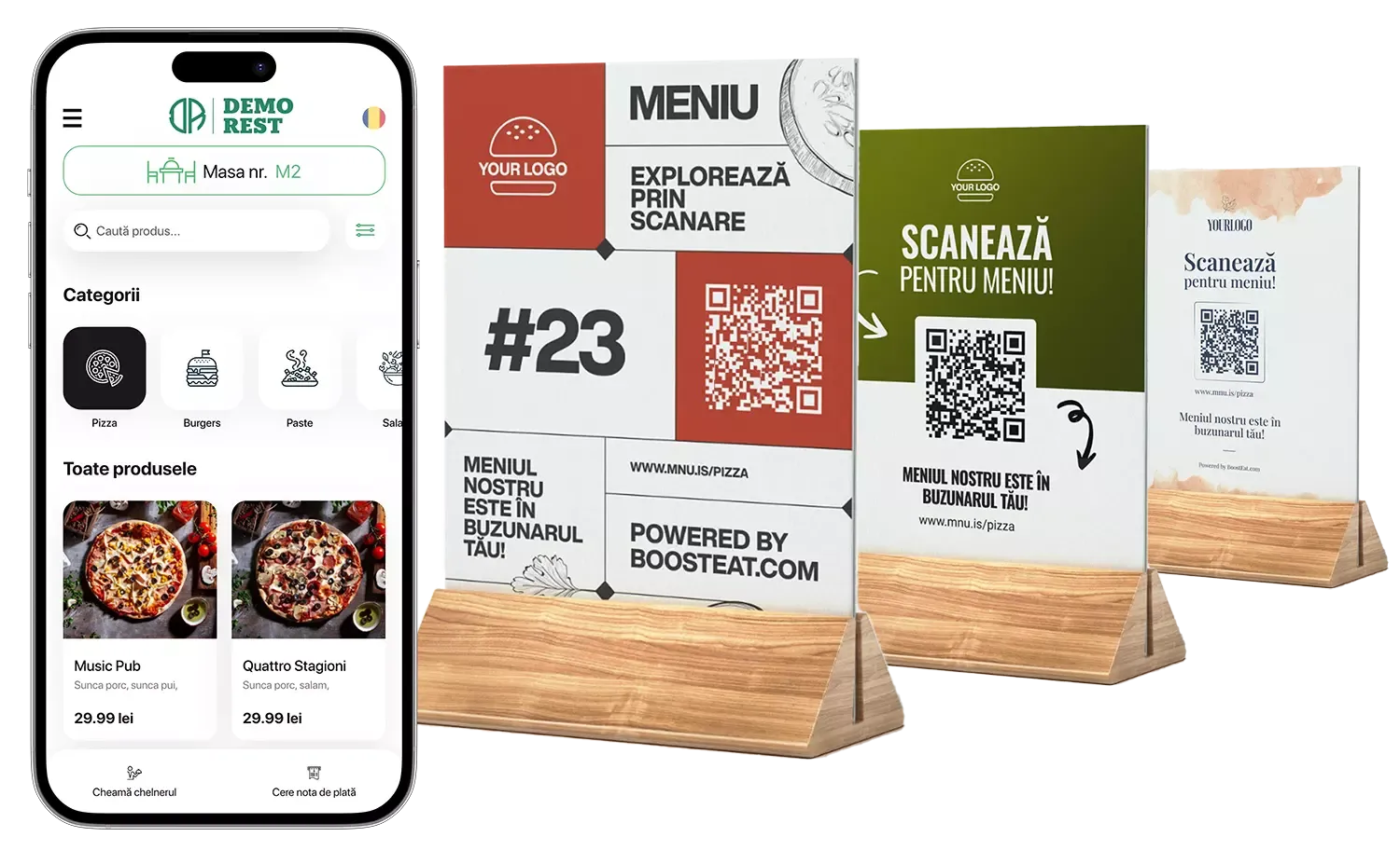 Meniu digital Boost Eat pe telefon și suporturi cu cod QR